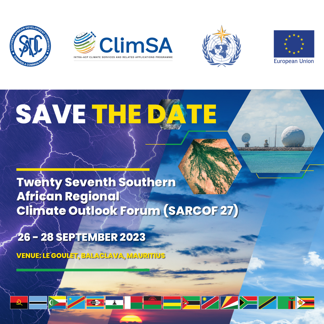The SADC Secretariat through its Climate Services Centre is convening the 27th Southern Africa Regional Climate Outlook Forum (SARCOF-27), which will be preceded by a Climate Experts Meeting aimed at building capacity of Climate Experts from Member States. SARCOF-27 is being supported through the European Union (EU) funded Intra-ACP Climate Services and related Application Programme. Both the Climate Experts Meeting and the SARCOF-27 Forum will be held in Mauritius.